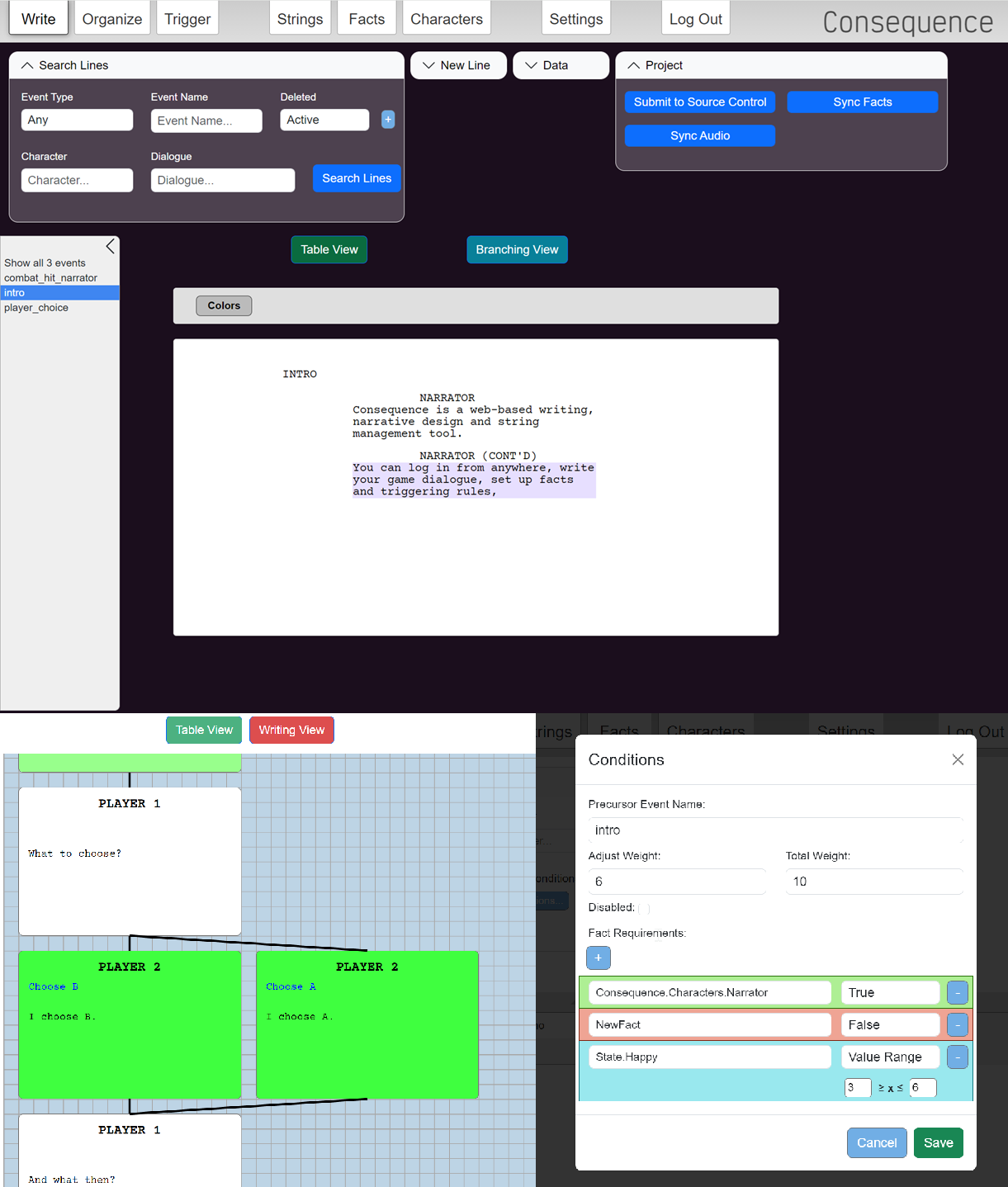 Consequence writing and branching interfaces
