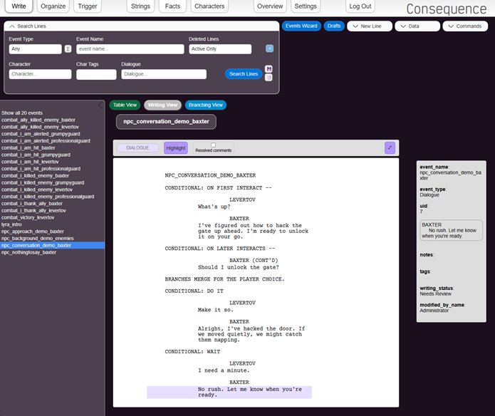 Consequence writing and branching interfaces